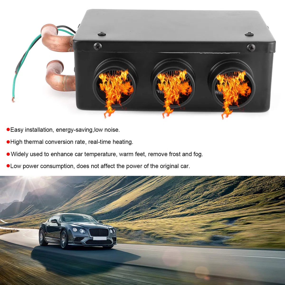 Autoheizung, Qiilu 12V 50W Autoheizung Kühlung Kompaktheizung 3-Loch Tragbar Winter Schnellheizung Wärmer Frost Rauscharm Windschutzscheibenheizung Fan Demister Defroster
