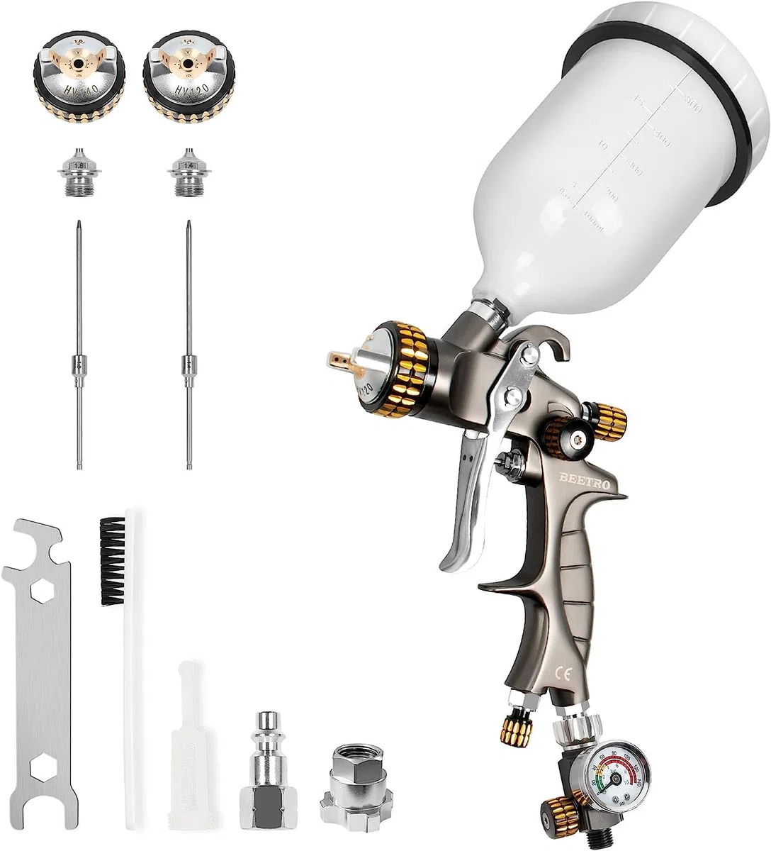 BEETRO HVLP-luchtspuitpistool 600 ml 14,5 CFM 30-43 psi 1,4 mm/1,8 mm mondstukken roestvrij staal