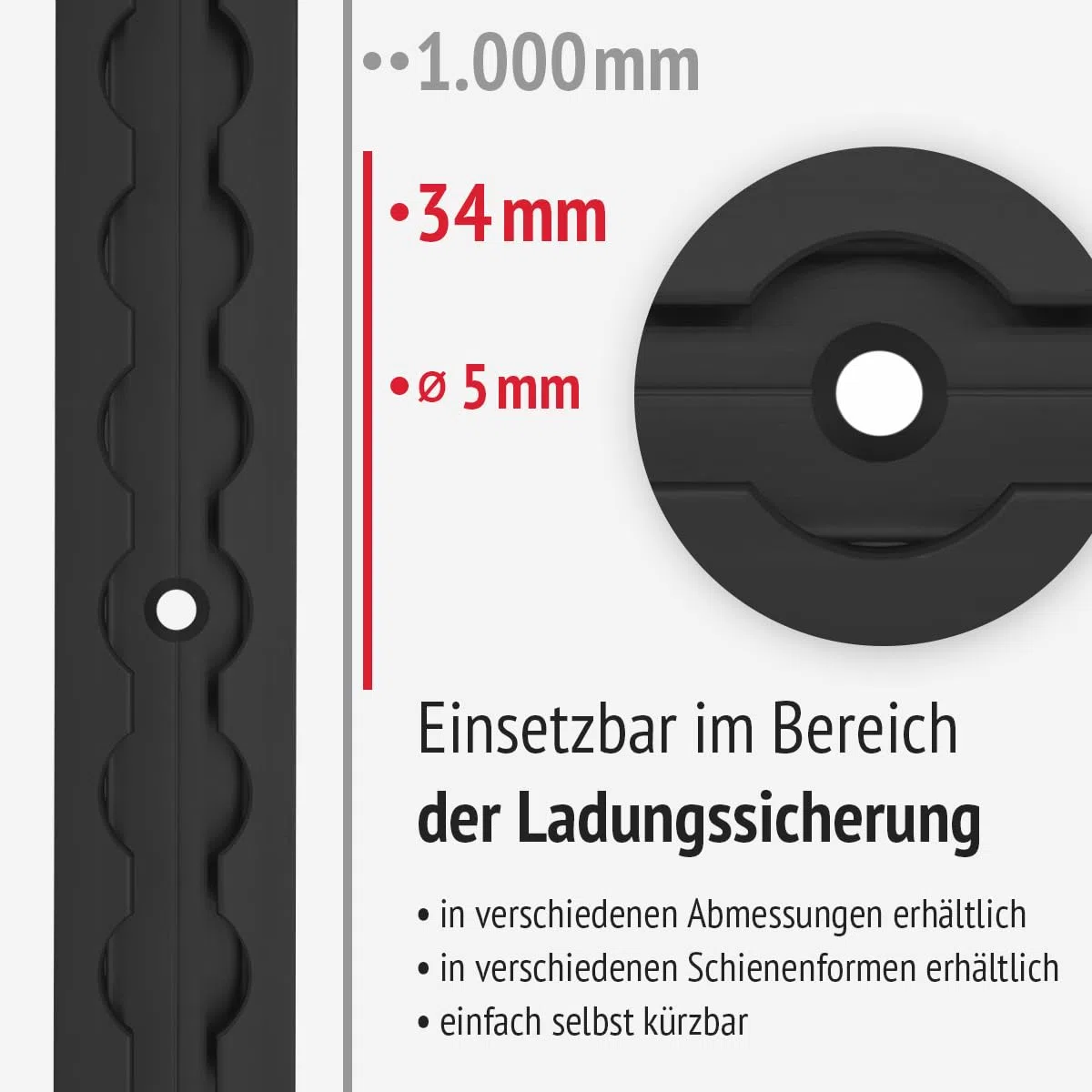 Airlineschiene 1000 mm schwarz, eckig, gebohrt für Transporter | Aluminium-Zurrschiene KTL-beschichtet, kompatibel mit Fittingen | Länge: 1000 mm; Breite: 34 mm; Höhe: 9,6 mm