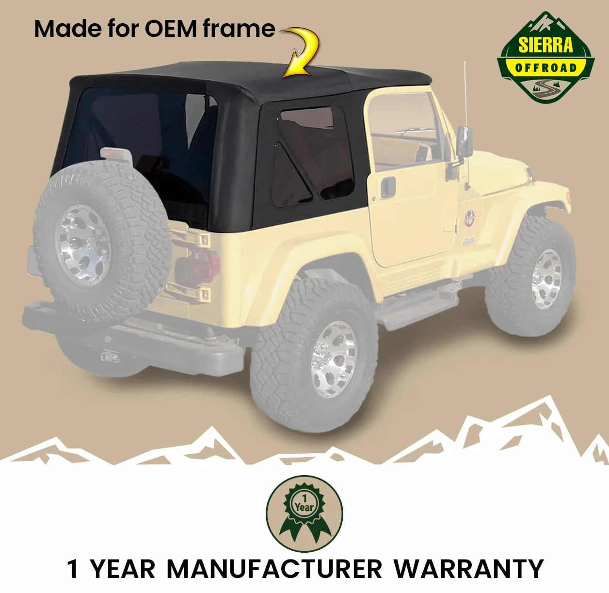 Sierra Offroad Factory Style Soft Top mit getönten Fenstern, ohne obere Türen, kompatibel mit Jeep Wrangler TJ 1997-2006 (Segeltuchschwarz)