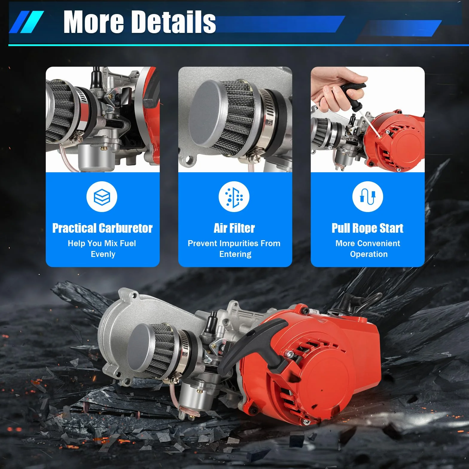 49CC Motors Dirtbike Motor, 3.5PS Pocket Bike Mini ATV Quad mit Getriebe Vergaser, Ziehen Start, Vergaser mit Getriebe für Taschenmotorräder Geländemotorräder ATVs Motorroller