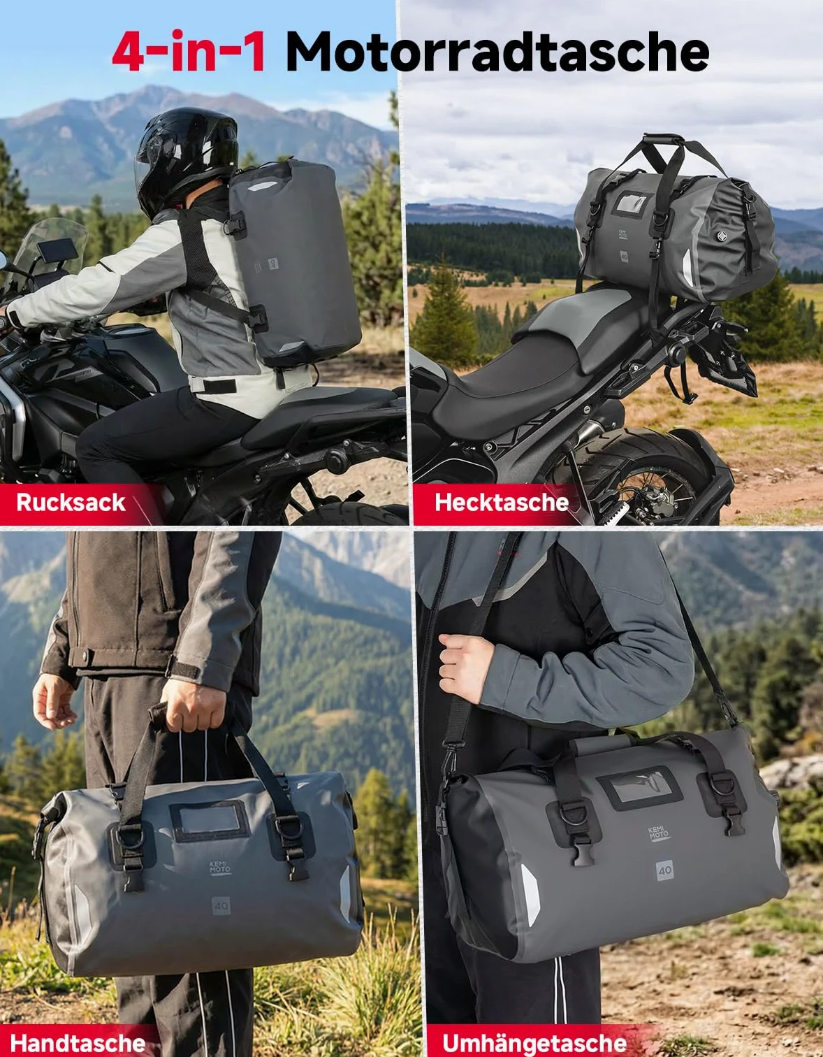KEMIMOTO Motorrad Hecktasche 40L, IPX6 wasserdichte Motorradtasche Gepäckrolle mit Schnellverschlussgurten, Große Kapazität & Mehrere Fächer, Ideal für Touring, Camping, Motorradfahren, Wassersport