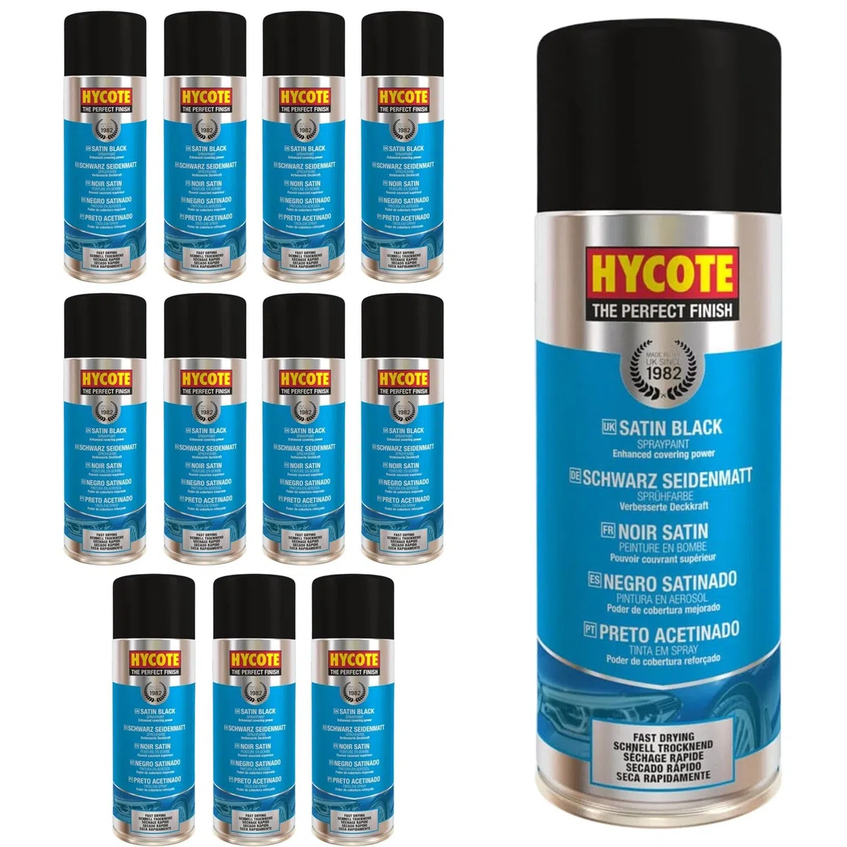 Hycote Sprühlack Schwarz Seidenmatt 400 ml (12er Pack) – Schnelltrocknender Acryl Autolack Spray mit hoher Deckkraft, für Metall, Kunststoff, Keramik und Holz