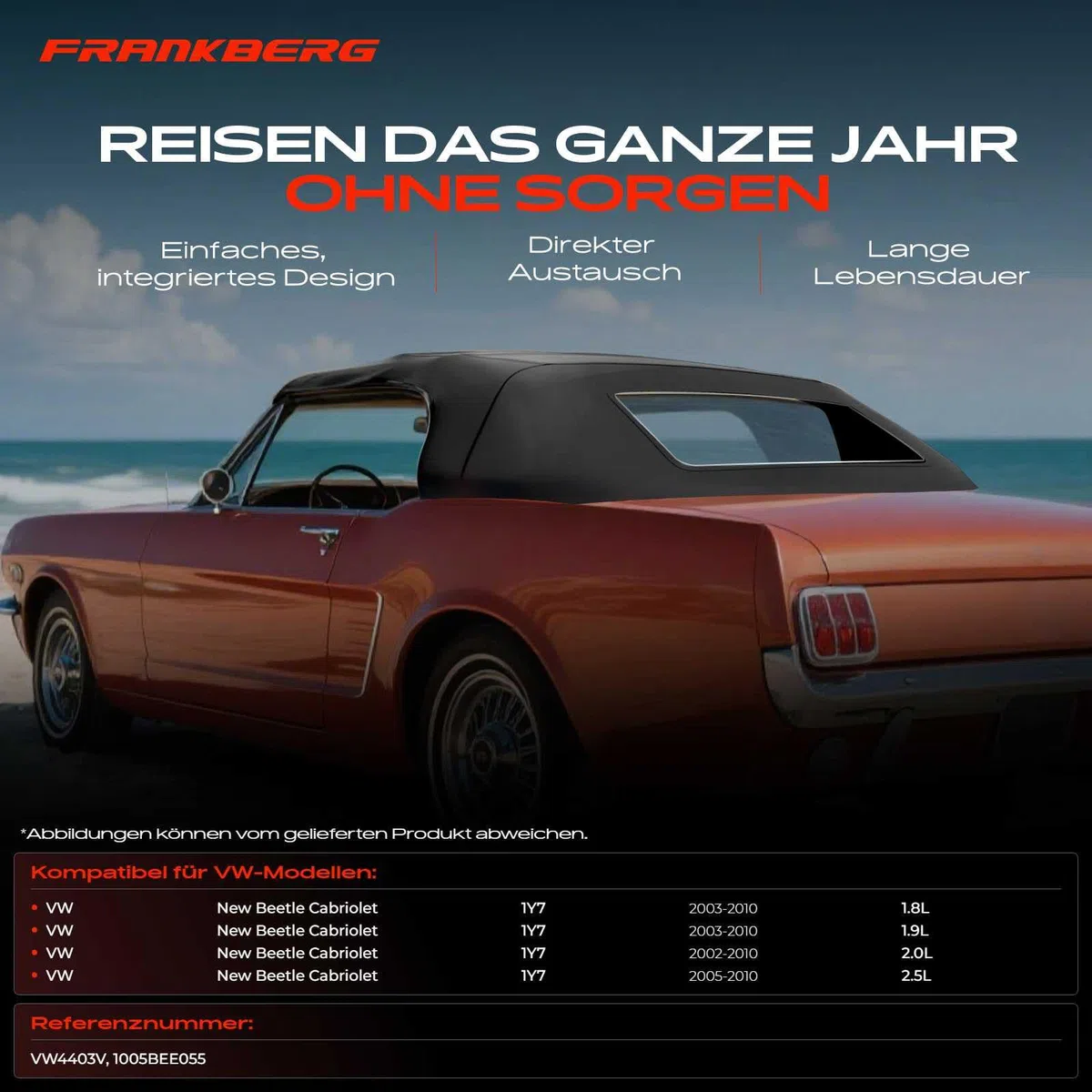 Frankberg Cabrioverdeck Softtop Verdeckbezug Schwarz Kompatibel mit New Beetle Cabriolet 1Y7 1.8L-2.5L 2002-2010 Replace# VW4403V 1005BEE055