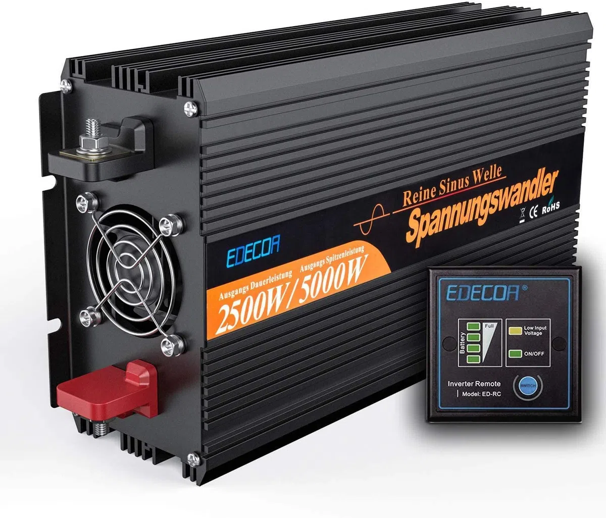 EDECOA Wechselrichter 12v auf 230v Reiner Sinus 2500w Wohnwagen Spannungswandler 2X USB und Fernbedienung KFZ Stromwandler Inverter 12v 220v Umrichter (2500w 12v)