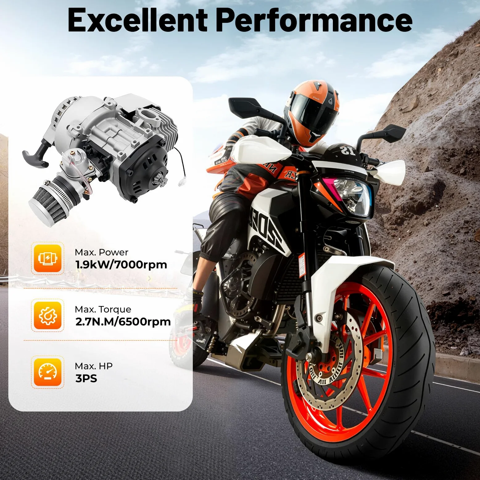 49CC 2-Takt Mini Motor, Getriebe Vergaser, Pocket Bike Motor mit Vergaser und Luftfilter Kit Getriebe Vergaser Set, für Pocket, Mini Dirt Bike Quad Pocket Bike