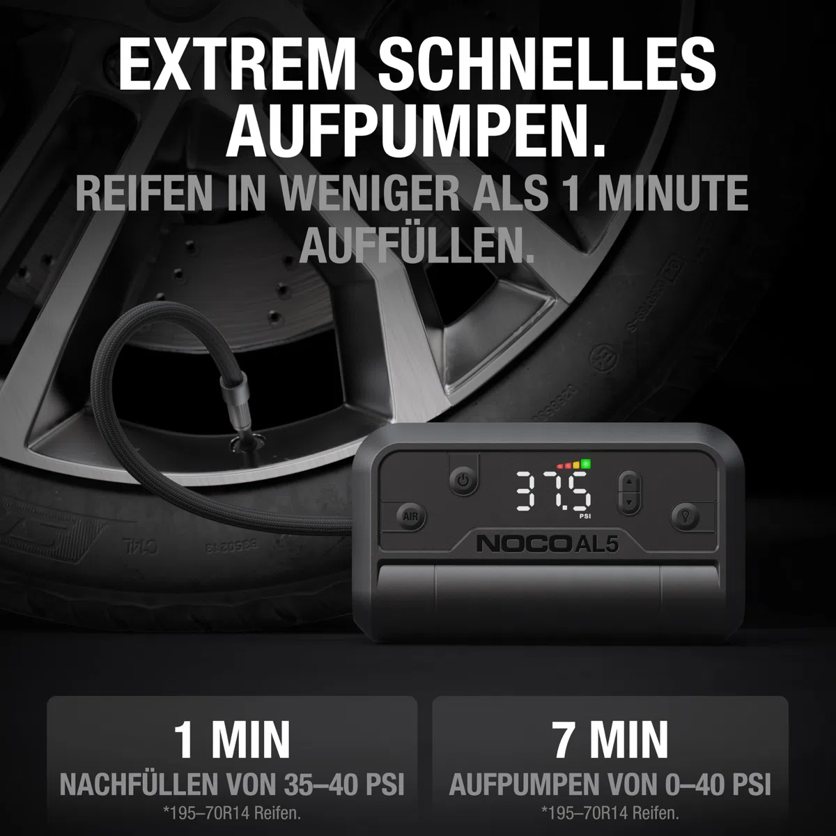 NOCO Air AL5: UltraSchnelle 5A Akku-Luftpumpe – Tragbarer Akku-Kompressor – 17 SLPM Luftstrom, 0–40 PSI in 7 Min – Digitales Manometer + automatische Abschaltung