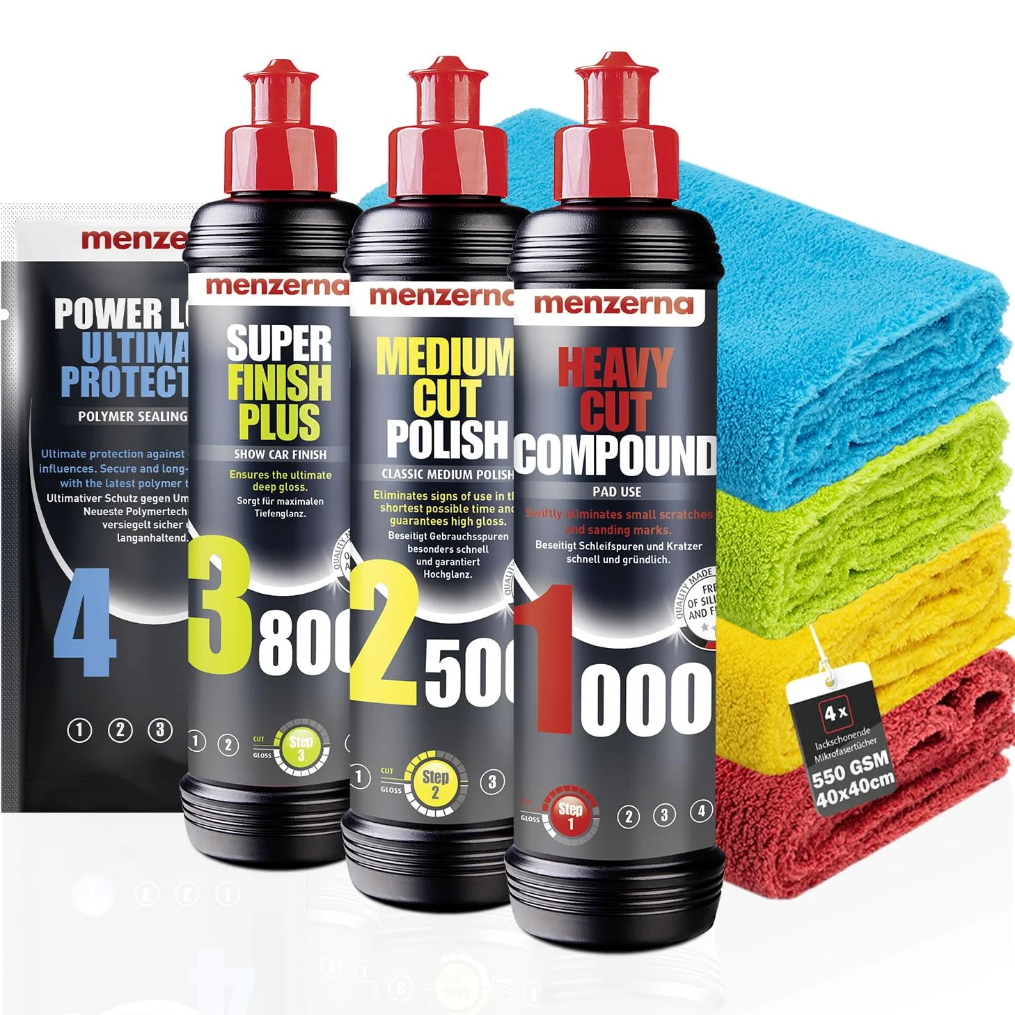 Menzerna Auto Polituren Set: Heavy Cut Compound 1000 + Medium Cut Polish 2500 + Super Finish Plus 3800 + Power Lock Sachet 20ml + 4X Mikrofasertuch