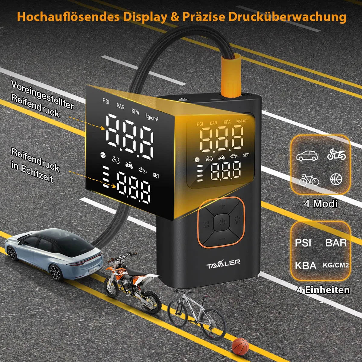 Tavaler Elektrische Luftpumpe Kabellose 150PSI Tragbare Akku Fahrradpumpe | Akku Luftpumpe Autostop, Memory Funktion Fahrradpumpe Elektrisch, LED-Licht Mini Kompressor für Auto E-Bike Fahrrad Motorrad