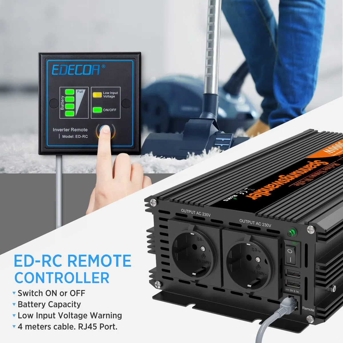 EDECOA Wechselrichter 12v auf 230v Reiner Sinus 2500w Wohnwagen Spannungswandler 2X USB und Fernbedienung KFZ Stromwandler Inverter 12v 220v Umrichter (2500w 12v)