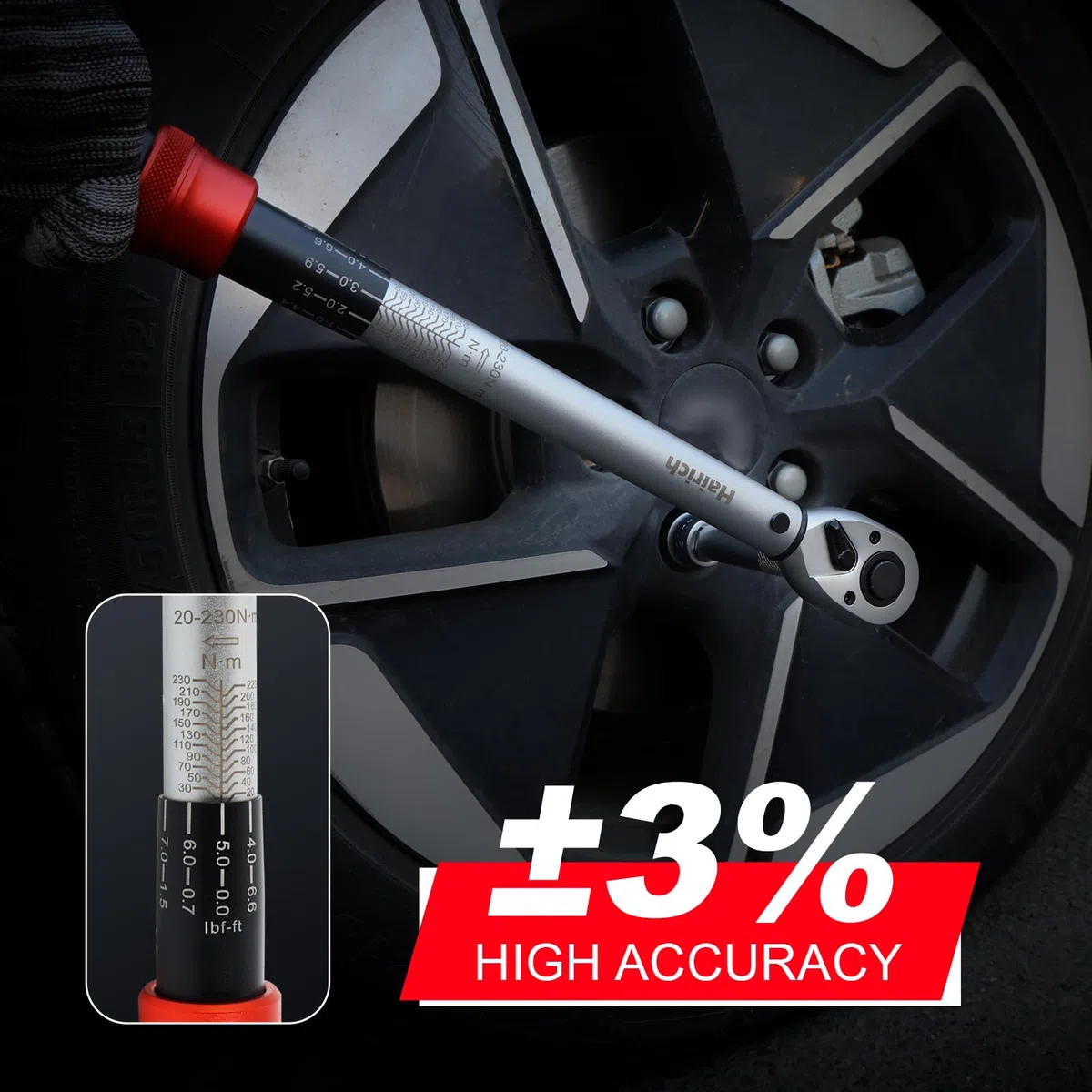 Hairich Drehmomentschlüssel 1/2 Zoll für Auto, 20–230 Nm, Torque Wrench 5-tlg. Set mit Verlängerung & Stecknüssen (17/19/21 mm) – für Reifenwechsel & Motorrad