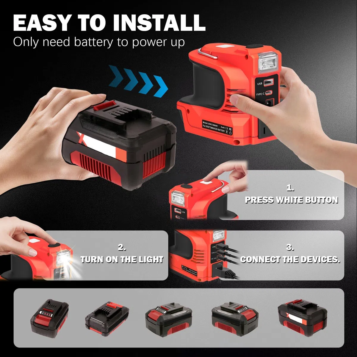 Wechselrichter für Einhell 18V Akku，DC 18V auf AC 220V Spannungswandler Adapter mit Typ-C& USB & DC12V Anschluss und AC Steckdose,Notstromaggregat für Camping(Akku Nicht enthalten)