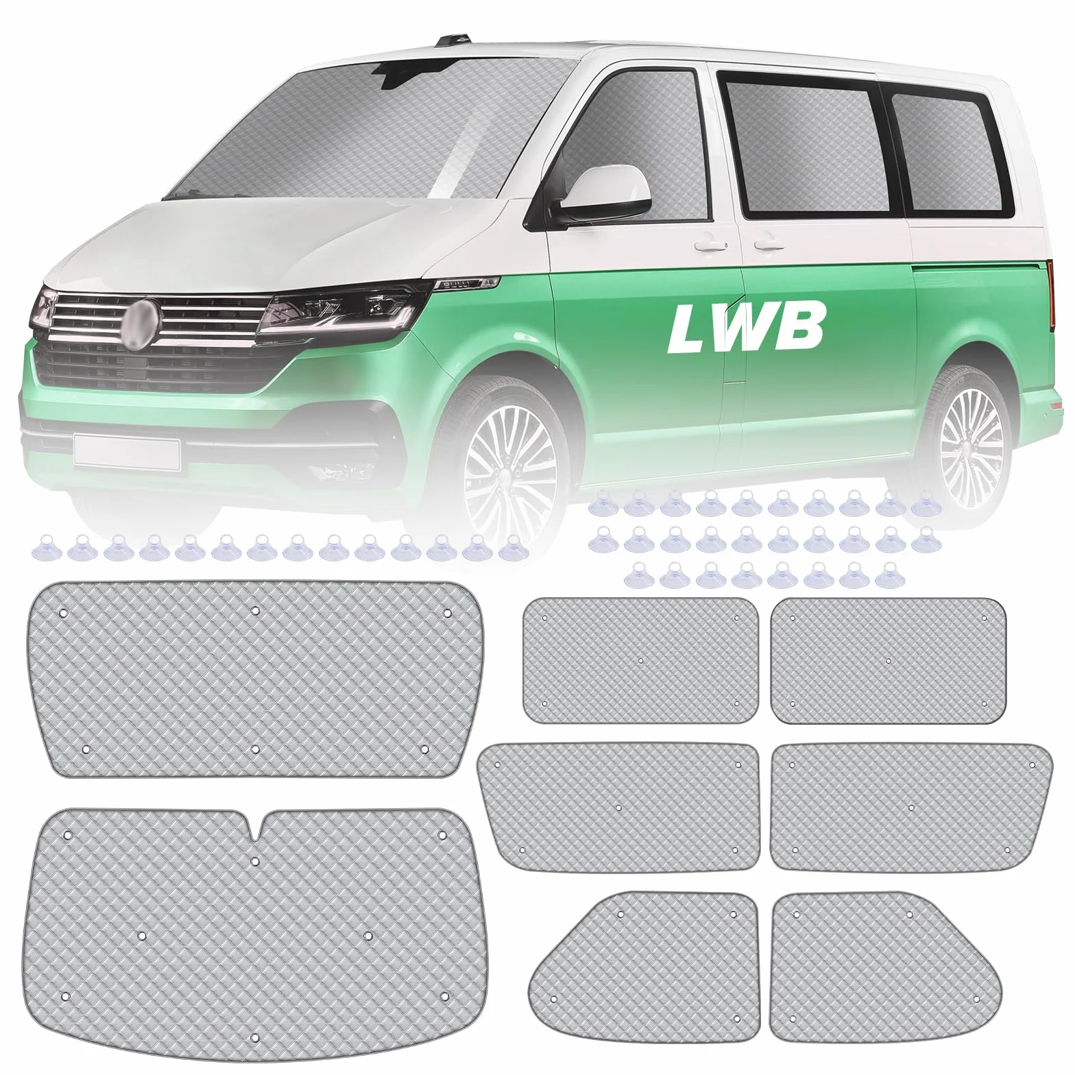 MaxAwe 8-teiliges internes Thermoschutzrollo-Set für VW T4 LWB, luxuriöses Sonnenschutz-Wrap-Abdeckungs-Kit, Windschutzscheiben-Frontabdeckung, sommerlicher UV-Sonnenschutz und Winterisolierung für VW