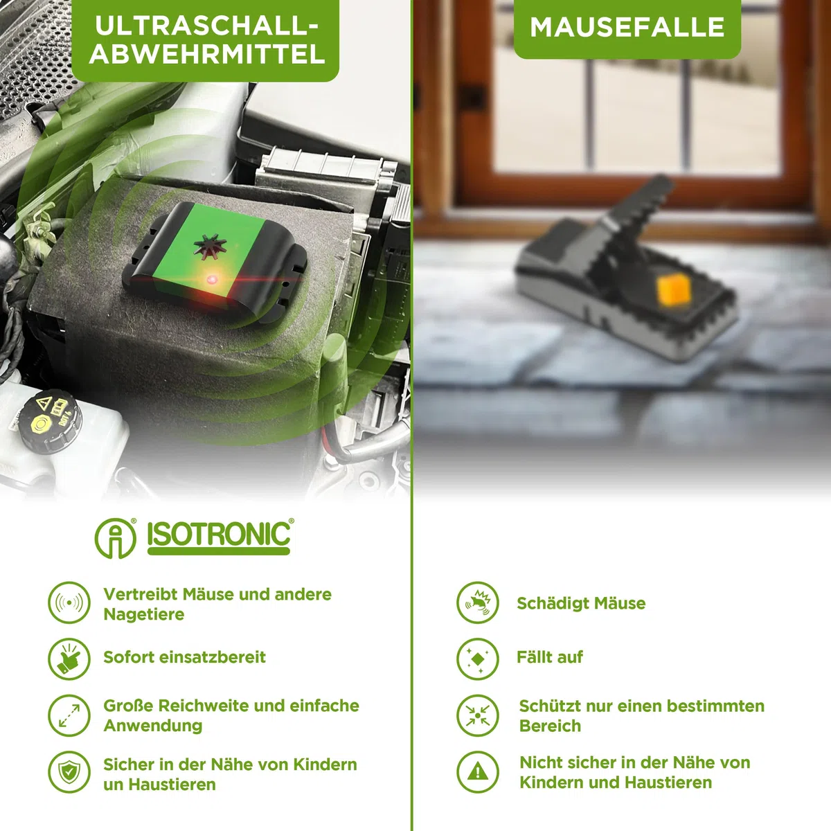 ISOTRONIC Marderschreck Auto – Batteriebetriebene Marderabwehr mit Vibrationssensor & Ultraschall – Marderschutz für Auto, Dachboden & Garage – Anti Marder Abwehr mit 40m² Wirkungsbereich (1 Stück)