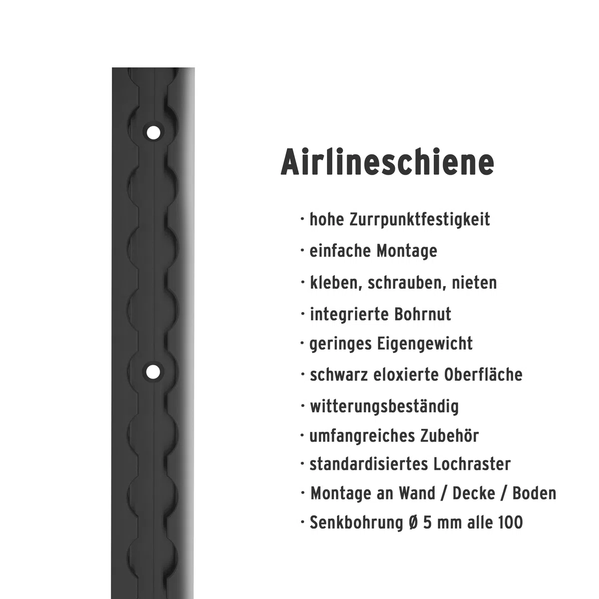 Airlineschiene 1000 mm schwarz, eckig, gebohrt für Transporter | Aluminium-Zurrschiene KTL-beschichtet, kompatibel mit Fittingen | Länge: 1000 mm; Breite: 34 mm; Höhe: 9,6 mm