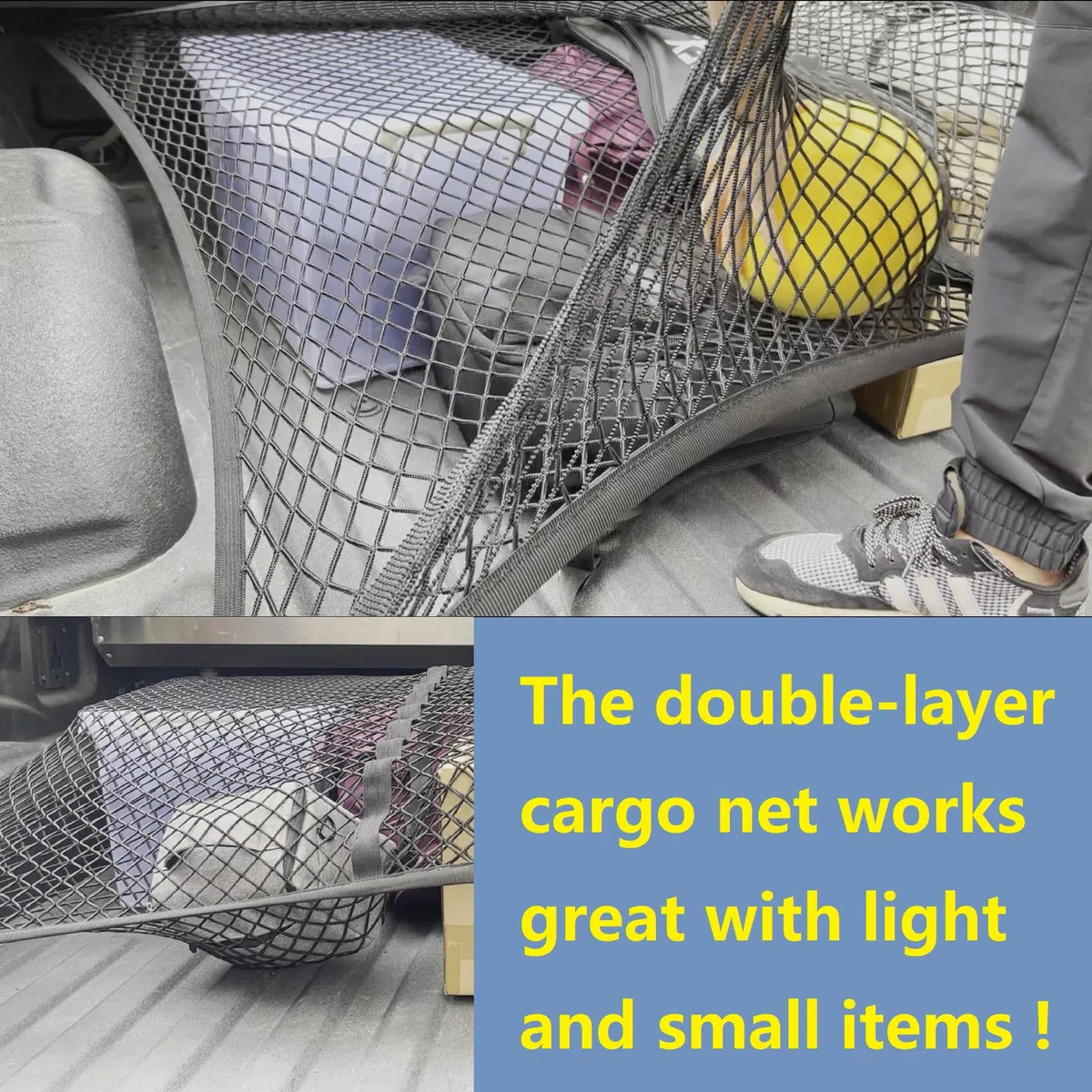 Hochelastisches Gepäcknetz, Einfacher LKW-Ladeflächenorganisator, Geeignet für tägliche leichte Lasten von LKWs, 1,2x1,2m dehnbar auf 2,1m x 2,1m (doppellagig)