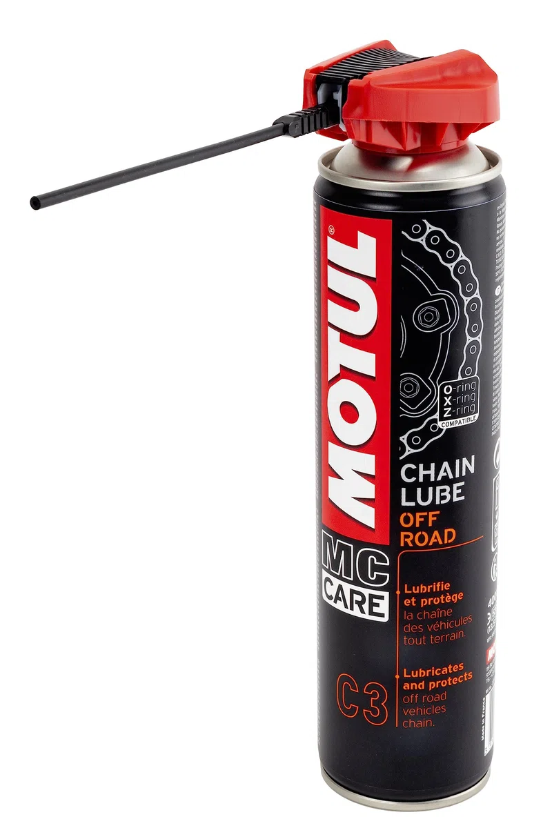 Motul Ketten-Sprühfett für Offroad- und Gelände-Motorräder, Neon-Gelb für einfache Anwendung, Geeignet für O-Ring, X-Ring, Z-Ring Ketten, Wasserfest, Rostschutz, MC Care Chain Lube Road C3, 400 ml