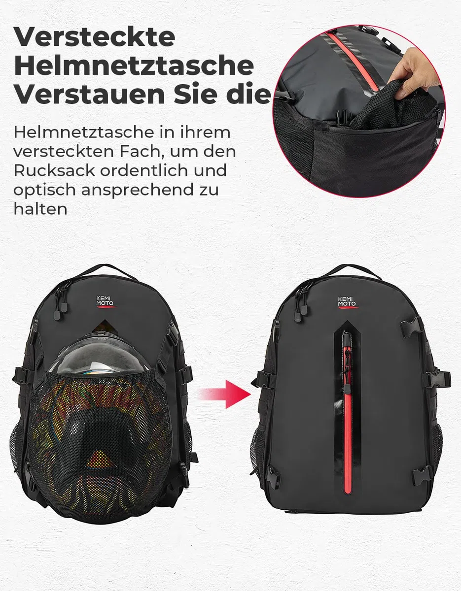 KEMIMOTO Motorradhelm Rucksack, 35L Helm Tasche mit Verstecktem Helmnetz, Großer Helmhalter für Helme