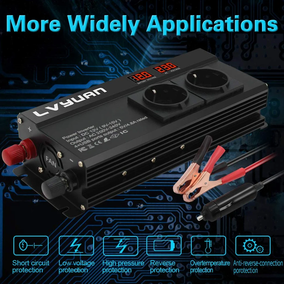 LVYUAN Wechselrichter 12V 230V 2000W Spannungswandler mit 3 Steckdose und 4 USB LED Spannungsanzeige Inverter