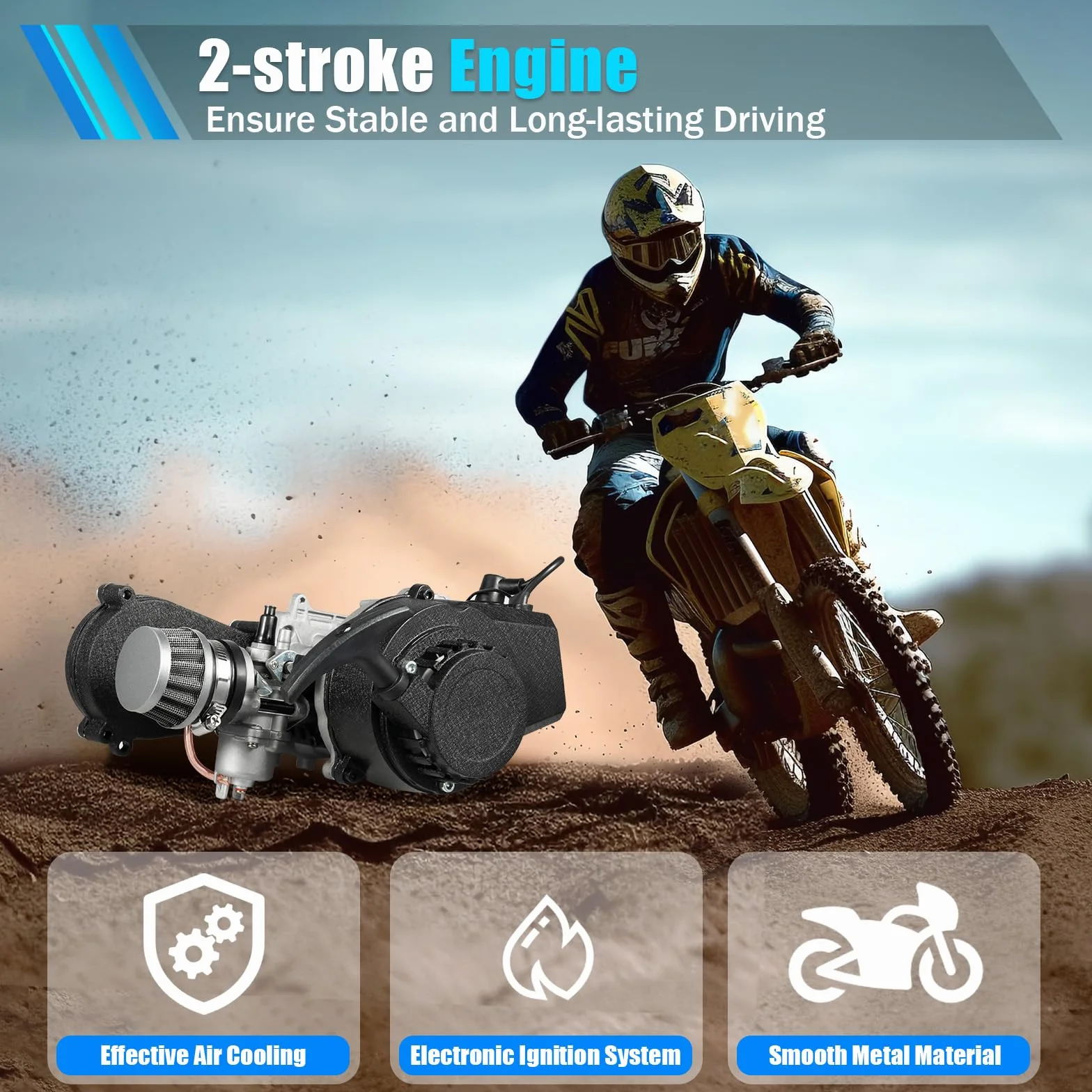 49CC Mini Motor, 2 Takt Motor Komplettmotoren Motor, Mini Getriebe Vergaser Pocket Bike Motor, Einzylinder Complete Engine Motor, für Mini Pocket Dirt Bike ATV