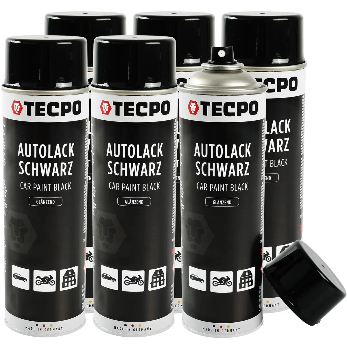 TECPO Lackspray schwarz glänzend, 6x500ml Autolack Rallyschwarz Sprühlack Farbspray mit hoher Deckkraft für Innen- und Außenbereich