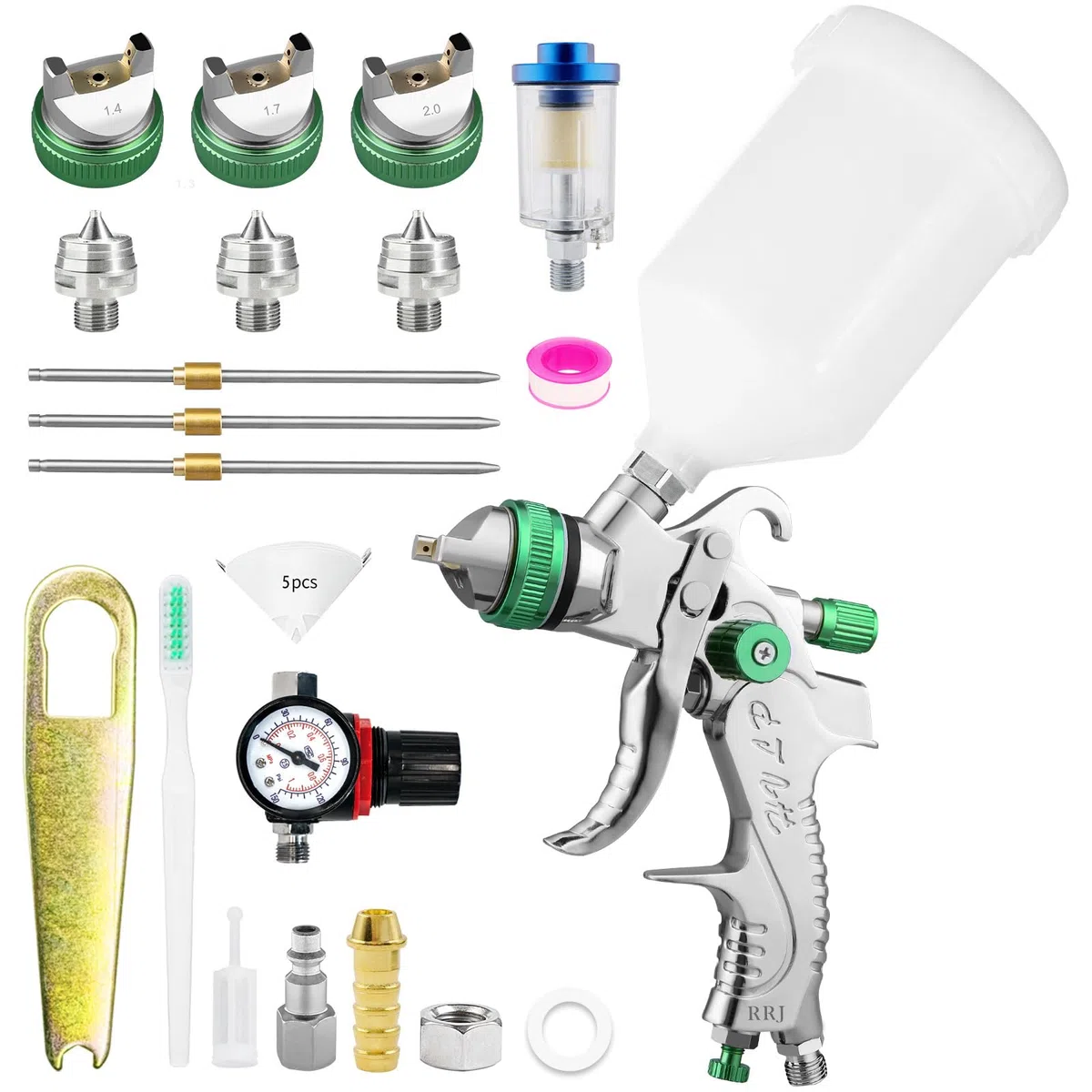 RRJ HVLP Lackierpistole Spritzpistole Kit 1,4/1,7/2,0mm Profi Druckluft Schwerkraft Sprühgeräte 600 ml Plastikbecher Luftdruckregler Grün