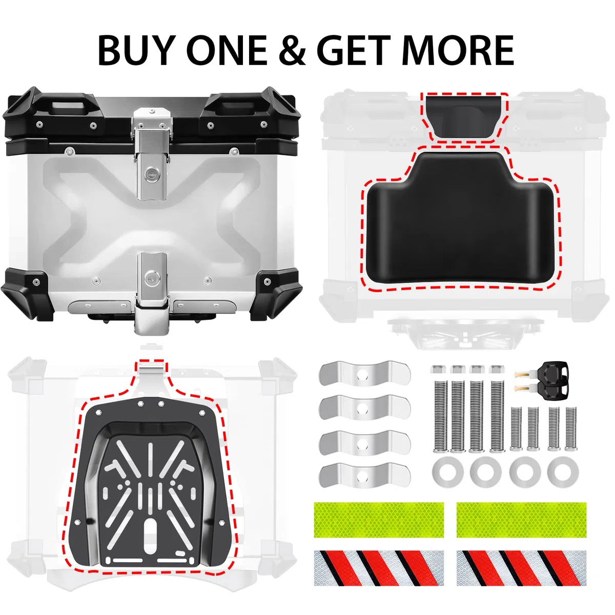 VOKKA Topcase Motorrad 45L Aluminiumlegierung Wasserdicht Diebstahlsicher mit Rückenlehne Trägerplatte Silber