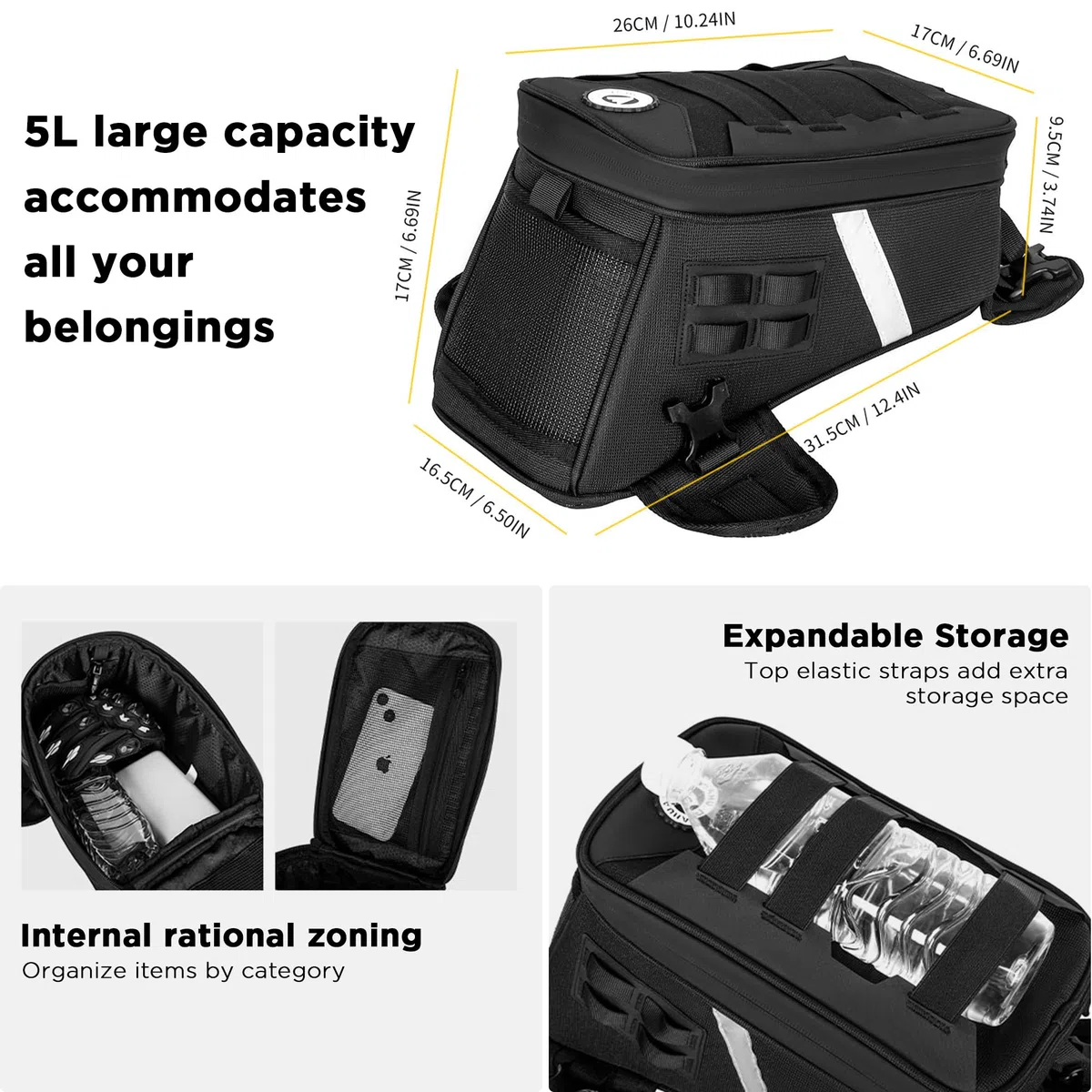 Motorrad Tankrucksack 5L Motorrad Tanktasche mit Regenschutz Großvolumig Outdoor Zubehör Motorradtasche mit Tragegriff(Schwarz)