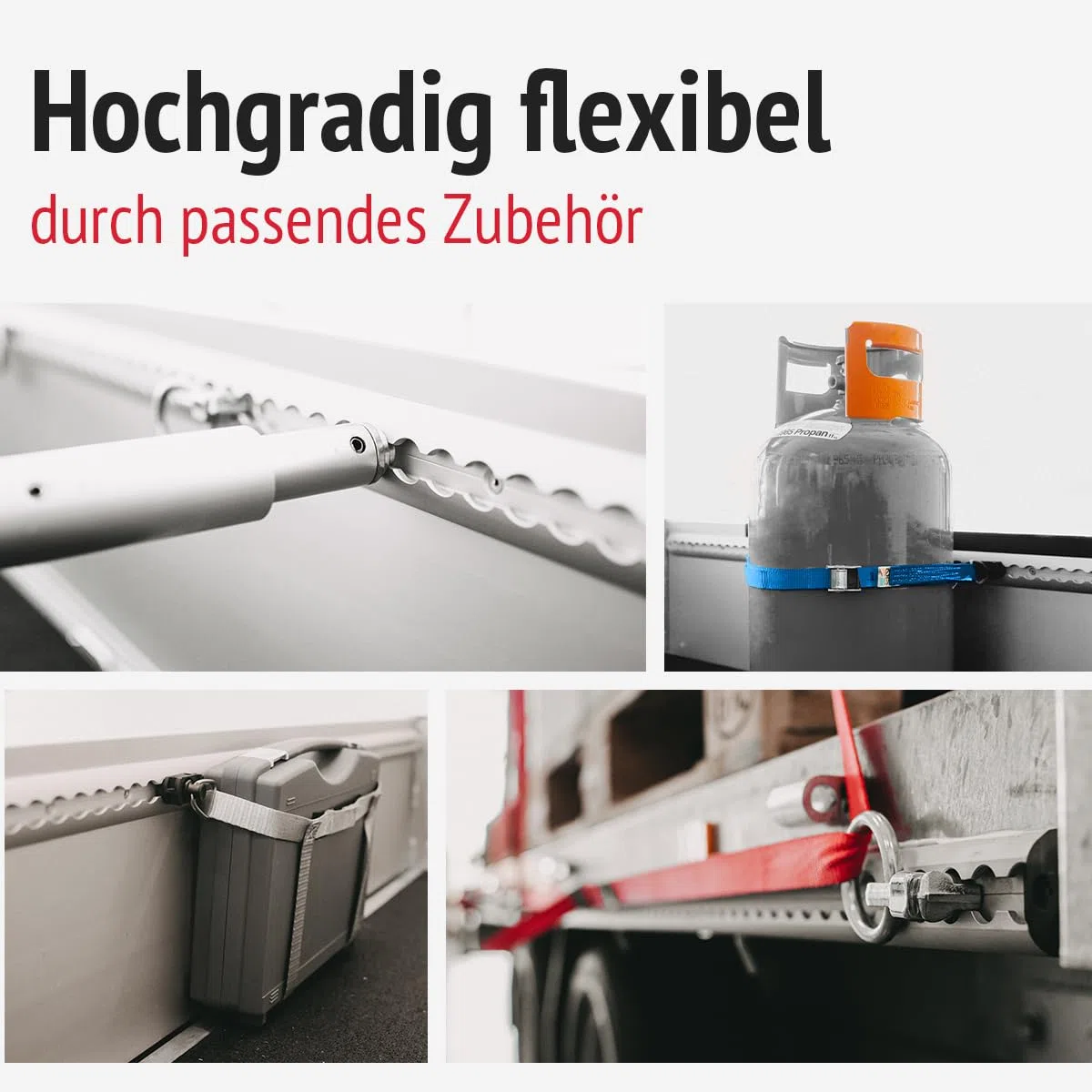 Airlineschienen mit Endkappen, Fittingen und Abdeckprofile | 1.000 mm, schwarz KTL-beschichtet, gebohrt, Halbrund, 50 x 11,5 mm | Zurrschiene | für Transporter, Wohnwagen, (Starterset 1.4)