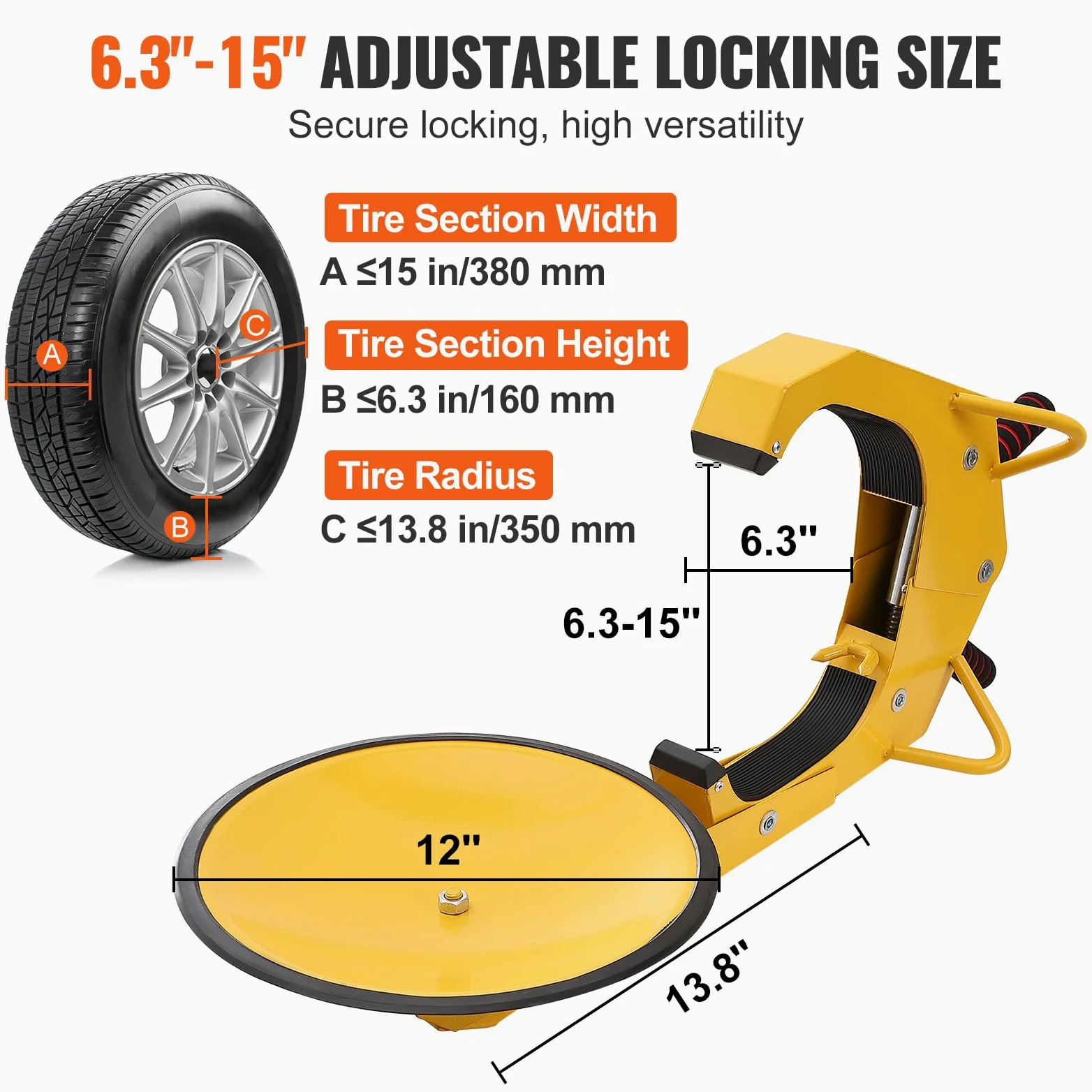 VEVOR Radschloss Autokralle 2 Stk.Reifenschloss, Passend für 160-380 mm Raddurchmesser Anti-Diebstahl, Anhänger-Radkralle mit 30 cm Saugnapf, Parkkralle für Autos, Lkw, SUVs, Camper, Boote Gelb