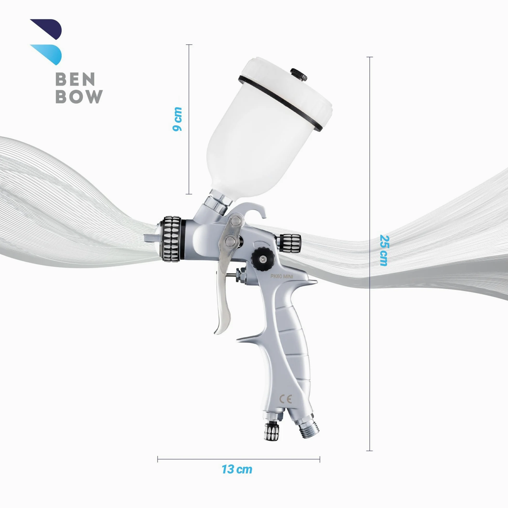 BenBow Lackierpistole PK60 HVLP MINI 1,2 mm Düse + 100 ml Fließbecher – ideal für Autolackierung, Heimwerker, DIY-Projekte – hochwertige Sprühqualität – Druckluft-Spritzpistole