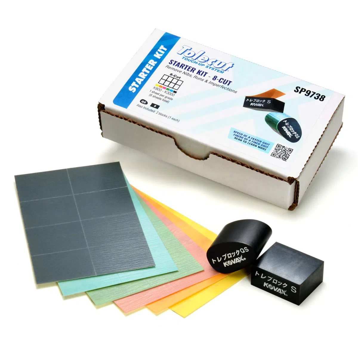 Tolecut Starter Kit, 8-Cut PSA Schleifblätter für Lacknasen, Läufe und Unebenheiten SP9738, K800 - K3000 6 Blatt, 2 Toleblocks