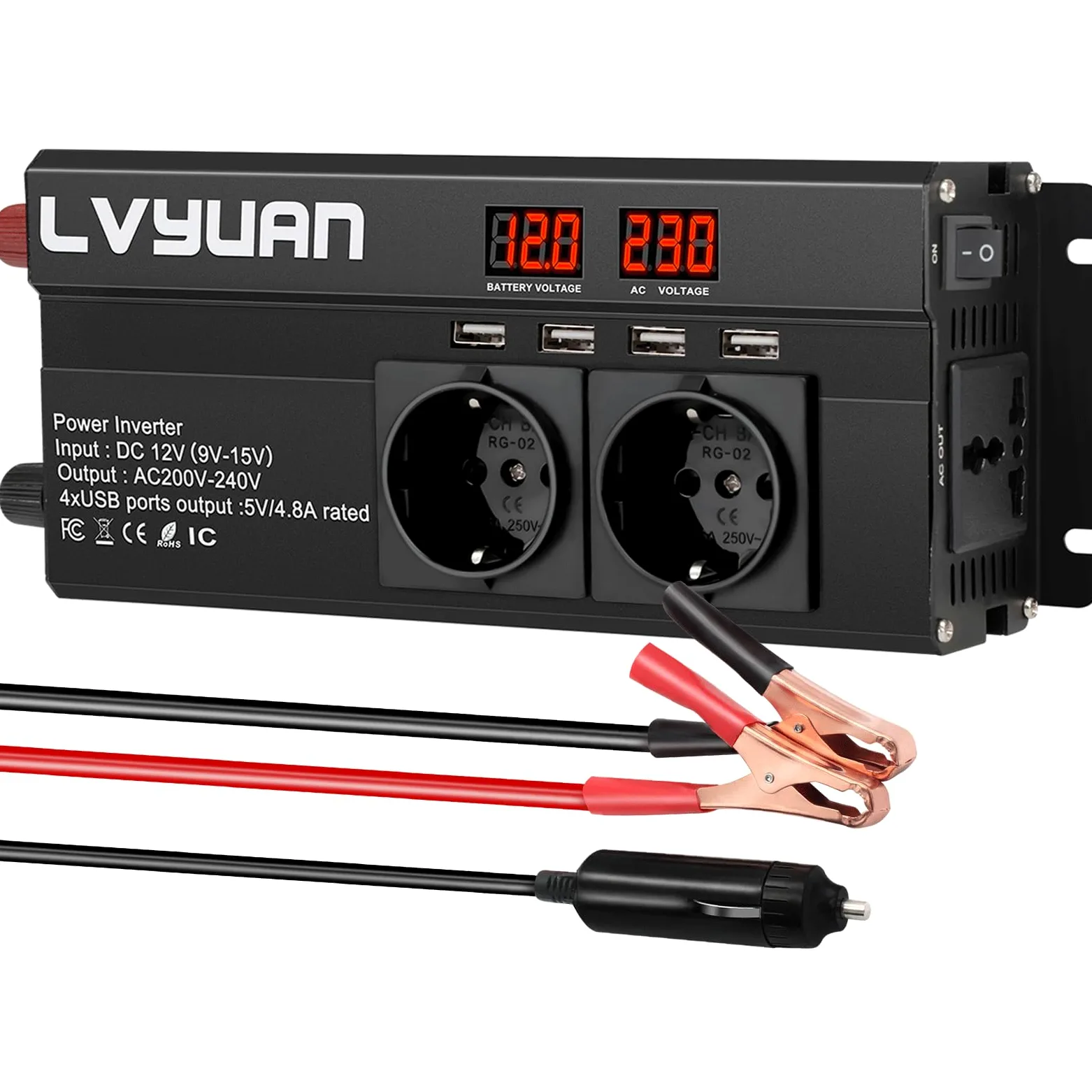 LVYUAN Wechselrichter 12V 230V 2000W Spannungswandler mit 3 Steckdose und 4 USB LED Spannungsanzeige Inverter