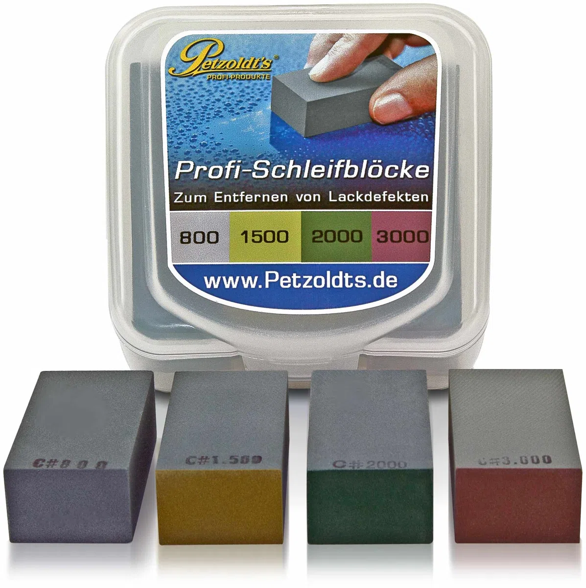 Petzoldt's Profi Nass-Schleifblock Set mit Körnung 800, 1500, 2000 und 3000, bearbeiten Sie Staubeinschlüsse, Lackläufer, Beispritzränder o. ausgetupfte Steinschläge