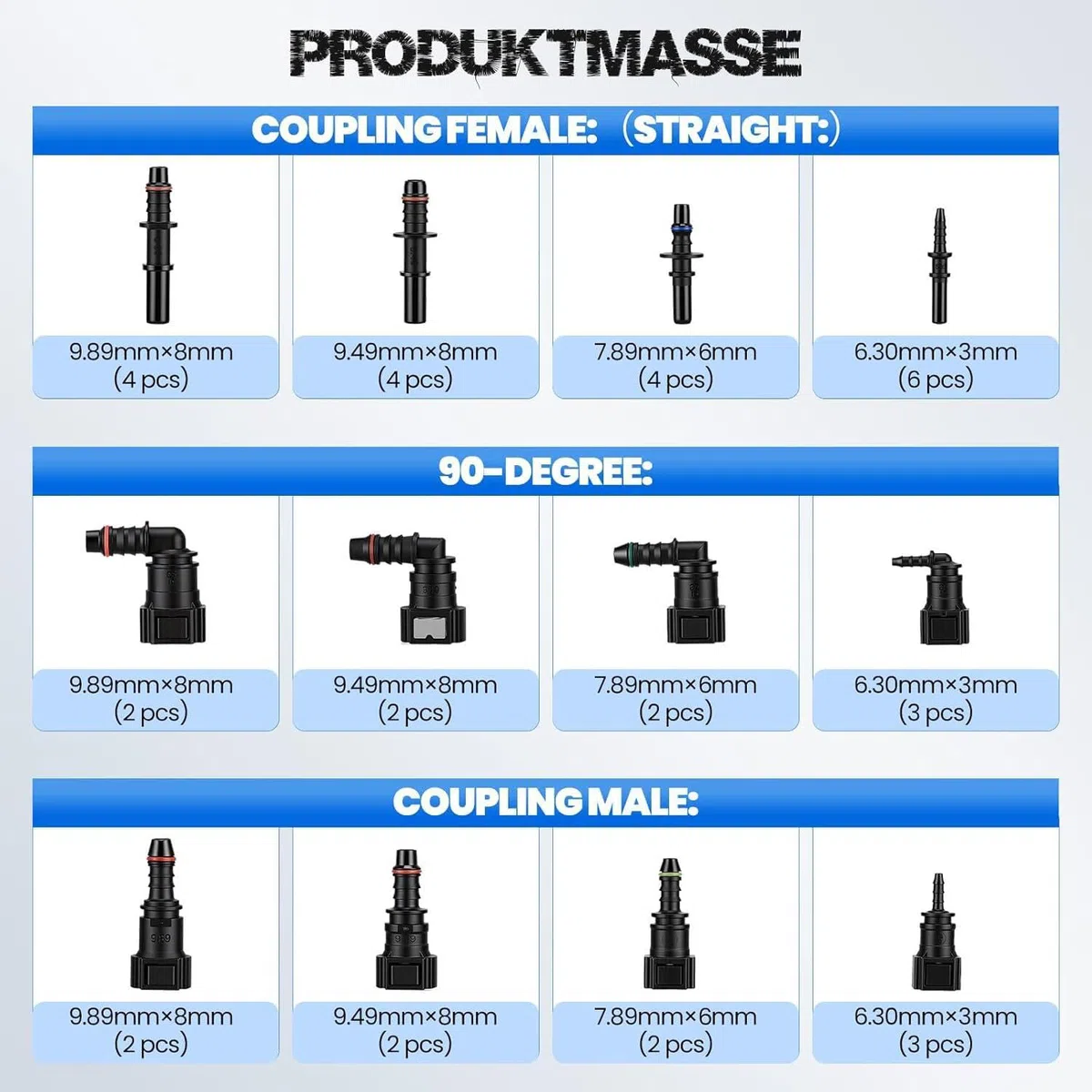 36-Teiliges Kraftstoffleitungsverbinder Set, Schnellkupplungen für Benzinschlauch, Gerade und Winkelanschlüsse, kompatibel mit 9.89mm 9.49mm 7.89mm 6.3mm, für Auto, Motorrad, Boot – ID8mm ID6mm