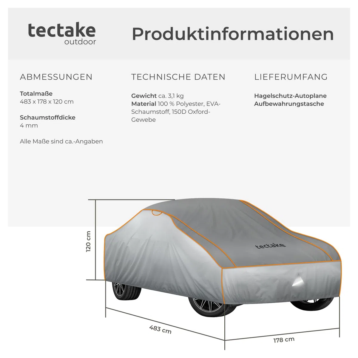 tectake® Auto Abdeckplane, Hagelschutz Autoplane, Autoabdeckung, wasserdichte Decke, atmungsaktiv, elastische Autogarage, Auto Zubehör mit Aufbewahrungstasche, kompatibel mit vielen Modellen - Größe L