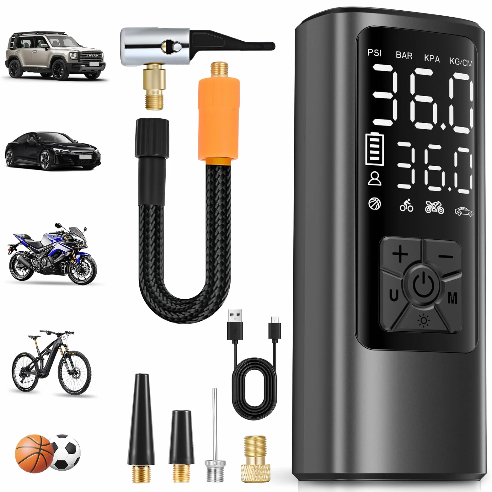 HOVVIDA Elektrische Luftpumpe, 10,3 bar Fahrradpumpe, Digitale Akku-Luftpumpe mit Druckvoreinstellung & Auto-Abschaltung, Wiederaufladbar, Luftpumpe für E-bike, Auto, Fahrrad, Motorrad, Bälle