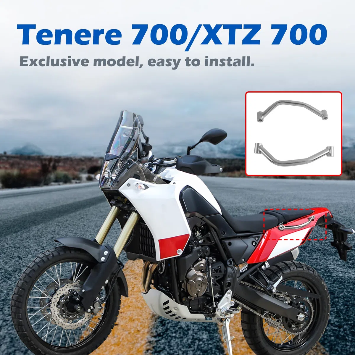 Motorrad Stahl Beifahrergriffe für TENERE 700 XTZ700 XTZ 700 2019 2020 2021 2022 2023 2024, Hintersitz Haltegriff Seitenhandlauf Hinten Sitz Griff Griffstange Kit, Chrom