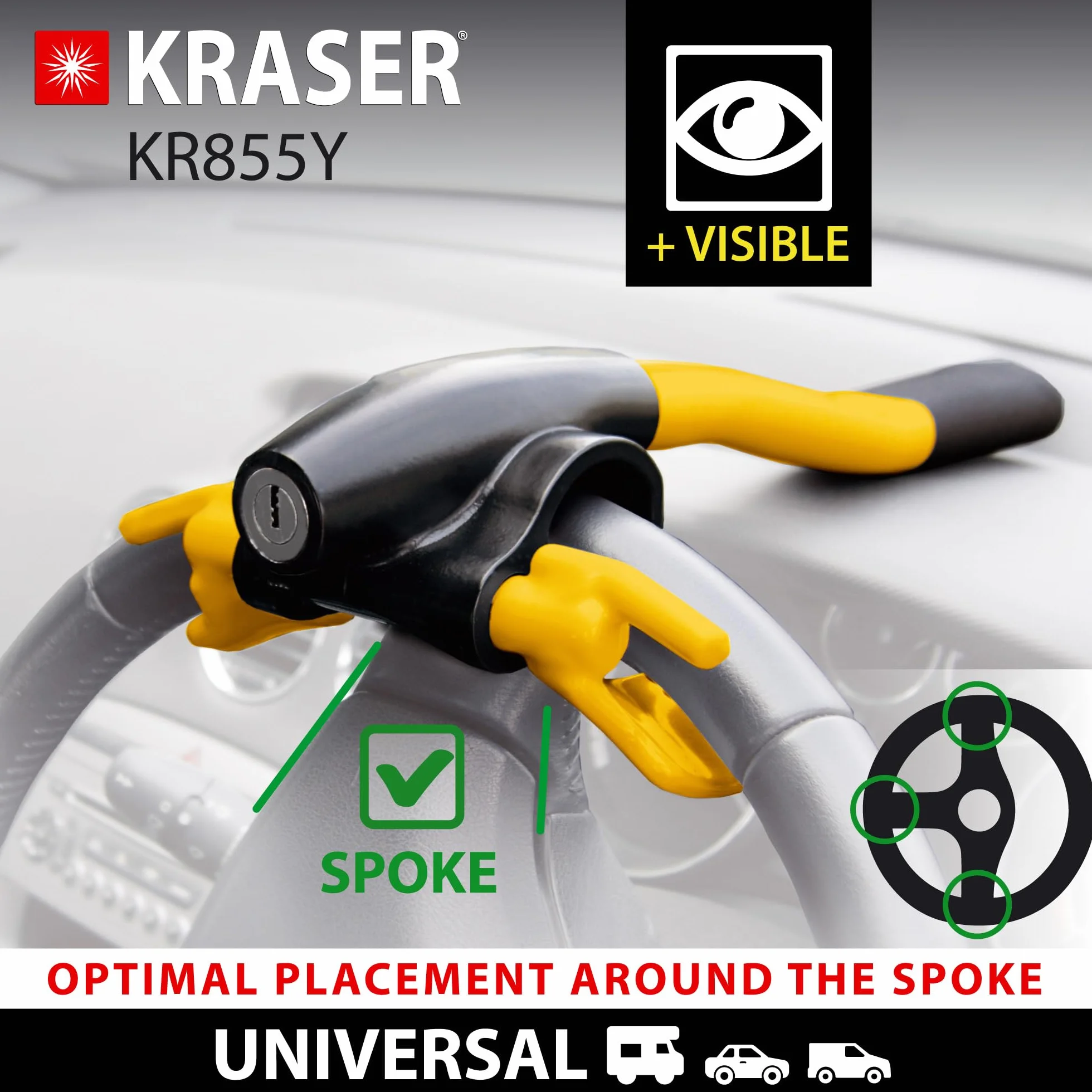 KRASER KR855Y Hohe Sicherheit Lenkradkralle, Sichtbarer und Abschreckender Lenkradschloss, Lenkradsperre Wohnmobil, Wegfahrsperre Diebstahlsicherung Universal für Auto PKW