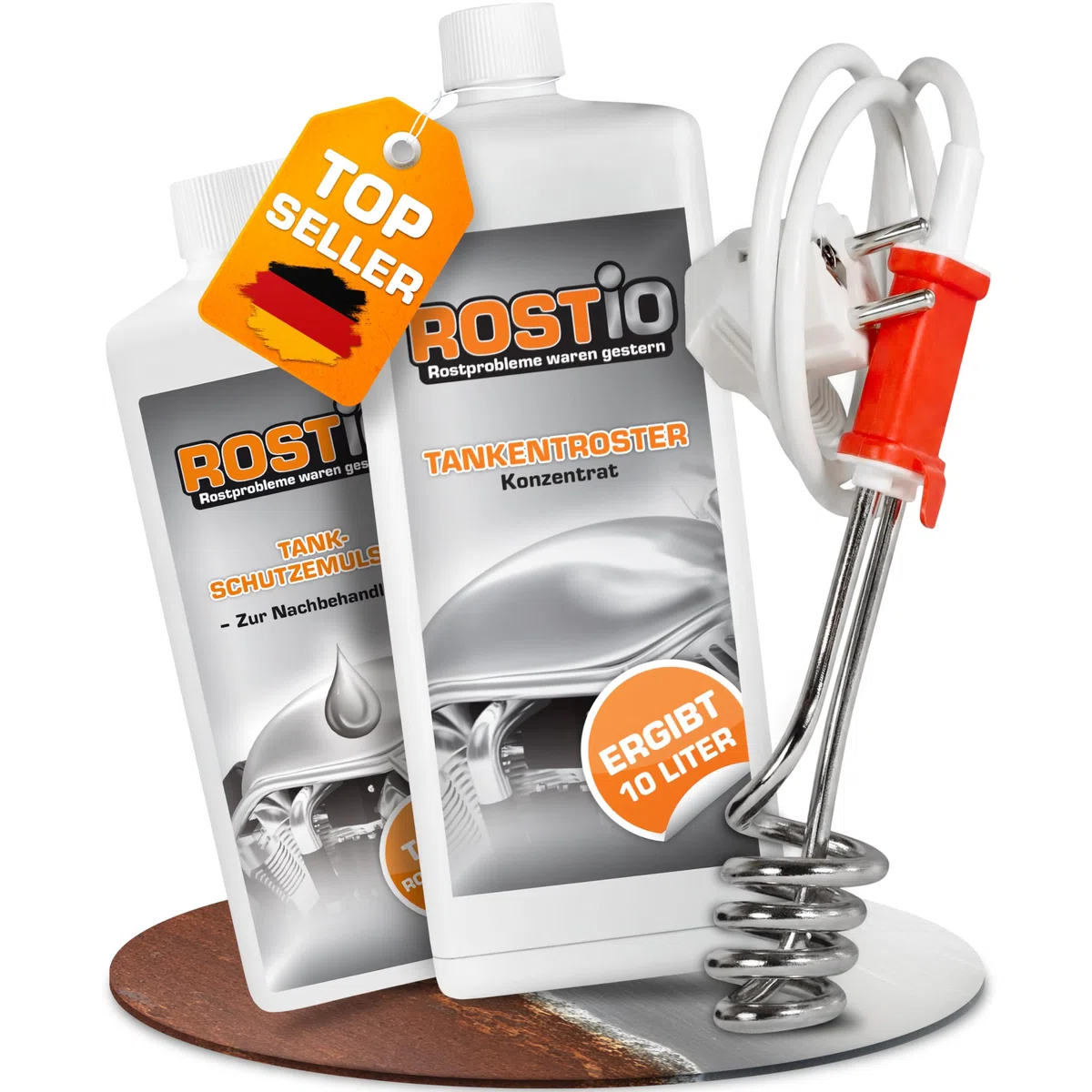 Rostio Tankentroster-Set 1L – inkl. Tank-Schutzemulsion 500 ml + Tauchsieder – hochergiebig (1 : 10) – für Tanks bis 10L – Rostentferner & Korrosionsschutz – Entrostung auch bei starkem Rost