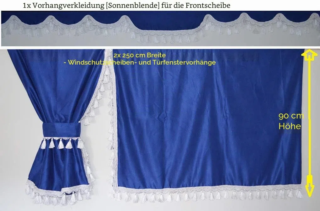 Komplettes Set von LKW-Vorhängen blau mit weißen Laschen für DAF Volvo Scania Man Mercedes Renault