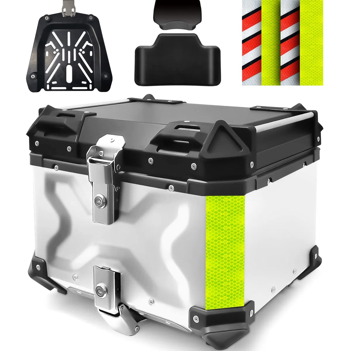 VOKKA Topcase Motorrad 45L Aluminiumlegierung Wasserdicht Diebstahlsicher mit Rückenlehne Trägerplatte Silber