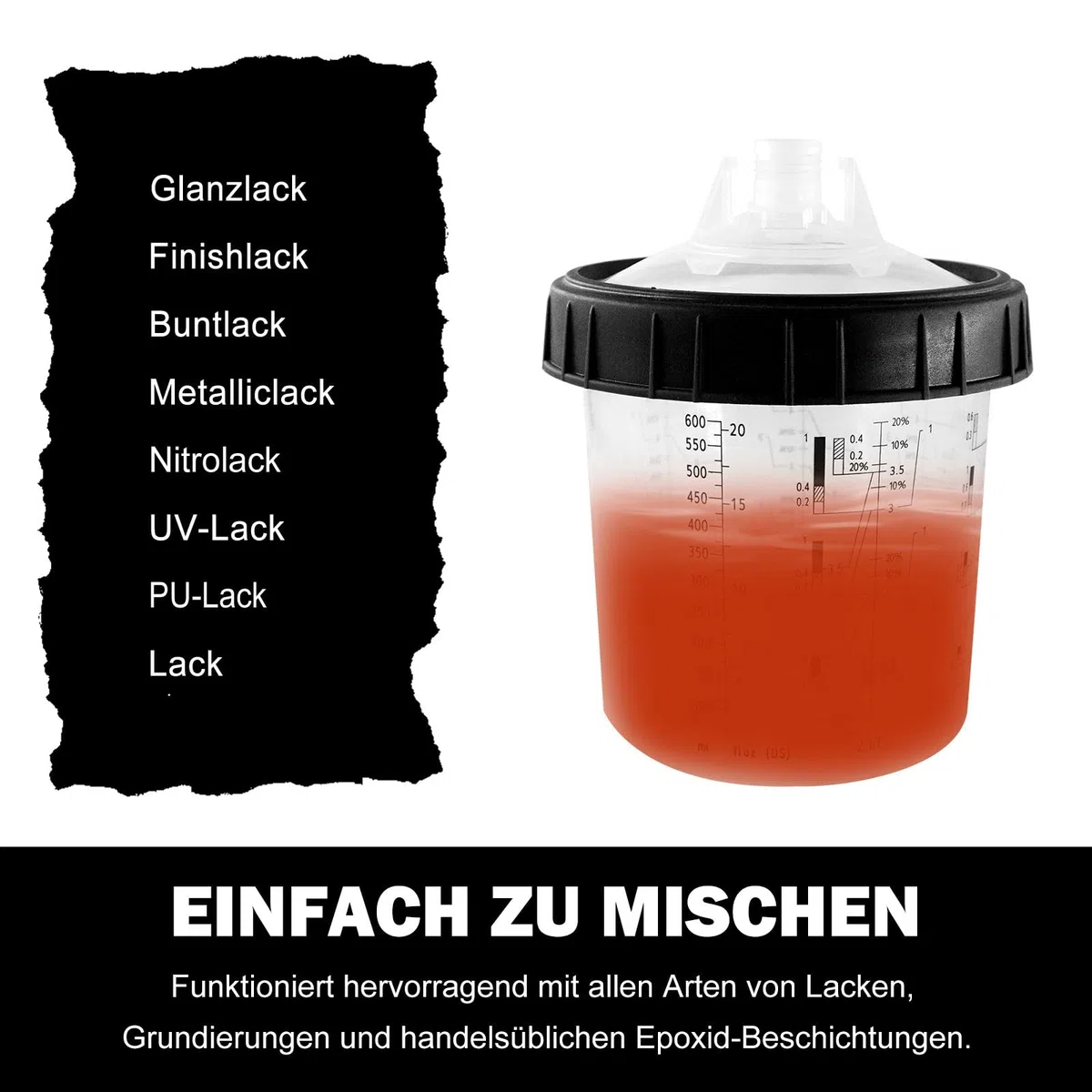Einweg Farbspritzpistolenbecher 20 Unzen (600 ml) Set 50 Becher Deckel HVLP LVLP Farbsystem