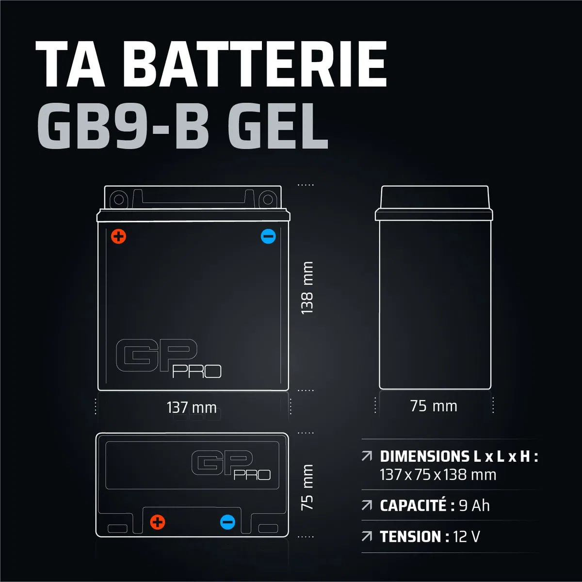GP-PRO Gel-Batterie 12V 9Ah GB9-B Rollerbatterie/Motorradbatterie, wartungsfrei versiegelt vorgeladen ähnlich YB9-B / CB9-B