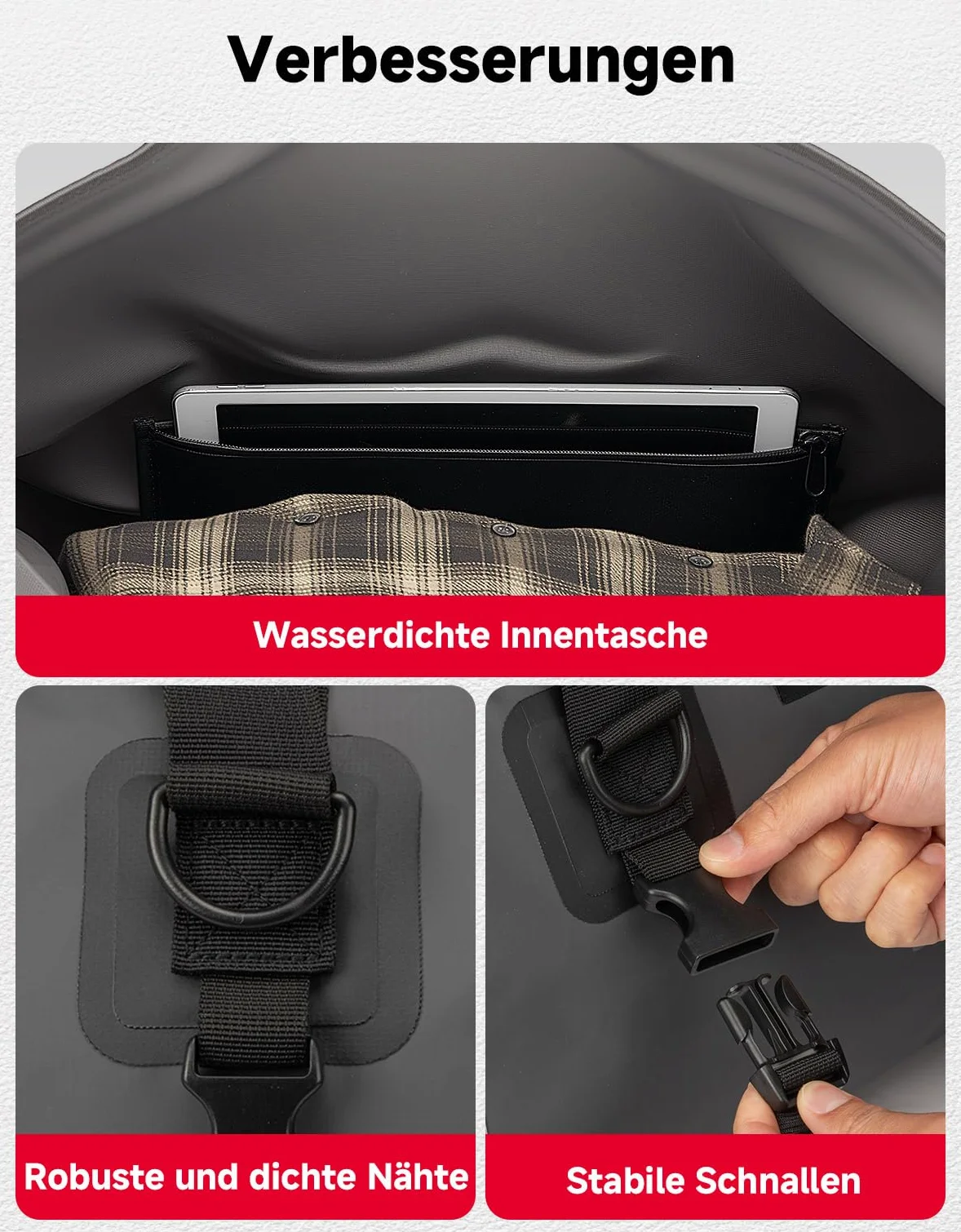 KEMIMOTO Motorrad Hecktasche 40L, IPX6 wasserdichte Motorradtasche Gepäckrolle mit Schnellverschlussgurten, Große Kapazität & Mehrere Fächer, Ideal für Touring, Camping, Motorradfahren, Wassersport