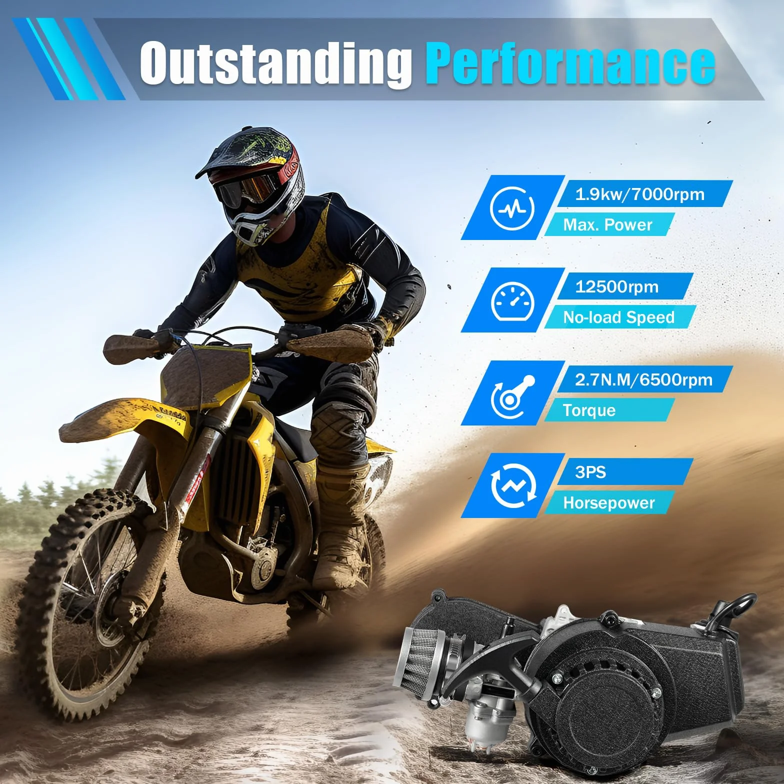 Einzylinder Komplettmotoren, 2-Takt Engine Motor, 49,85 cc 1,9 kW Dirt Bike Motoren, Luftkühlung Motor Kit, 7000 U/min Seilzugstart Benzinmotor, für Pocketbikes, Mini-Dirtbikes