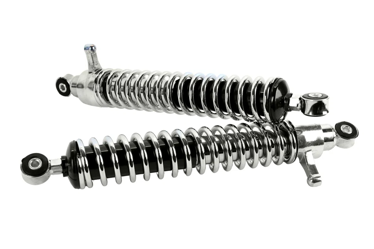 2 Stoßdämpfer, Federbeine 380mm, Tuning für Simson Enduro S51 S50 S70, verstellbar, Feder verchromt