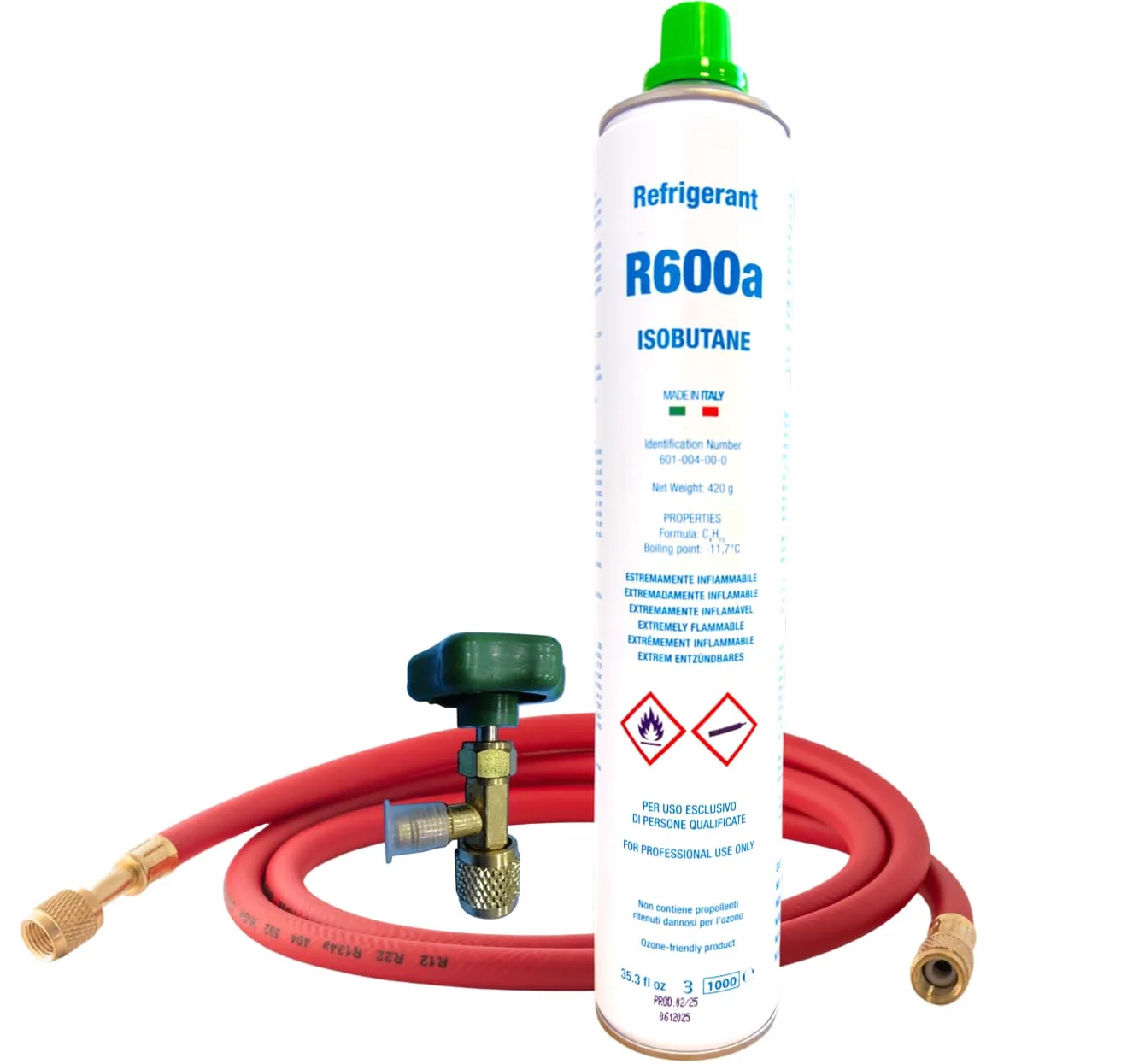 Komplett-Set für Kühl-Gas R600a Isobutan, 420 g Nettoverpackung, zum Nachfüllen von Kühlschränken und Gefrierschränken, inklusive Ventil und Ladeschlauch, umweltfreundliche Lösung