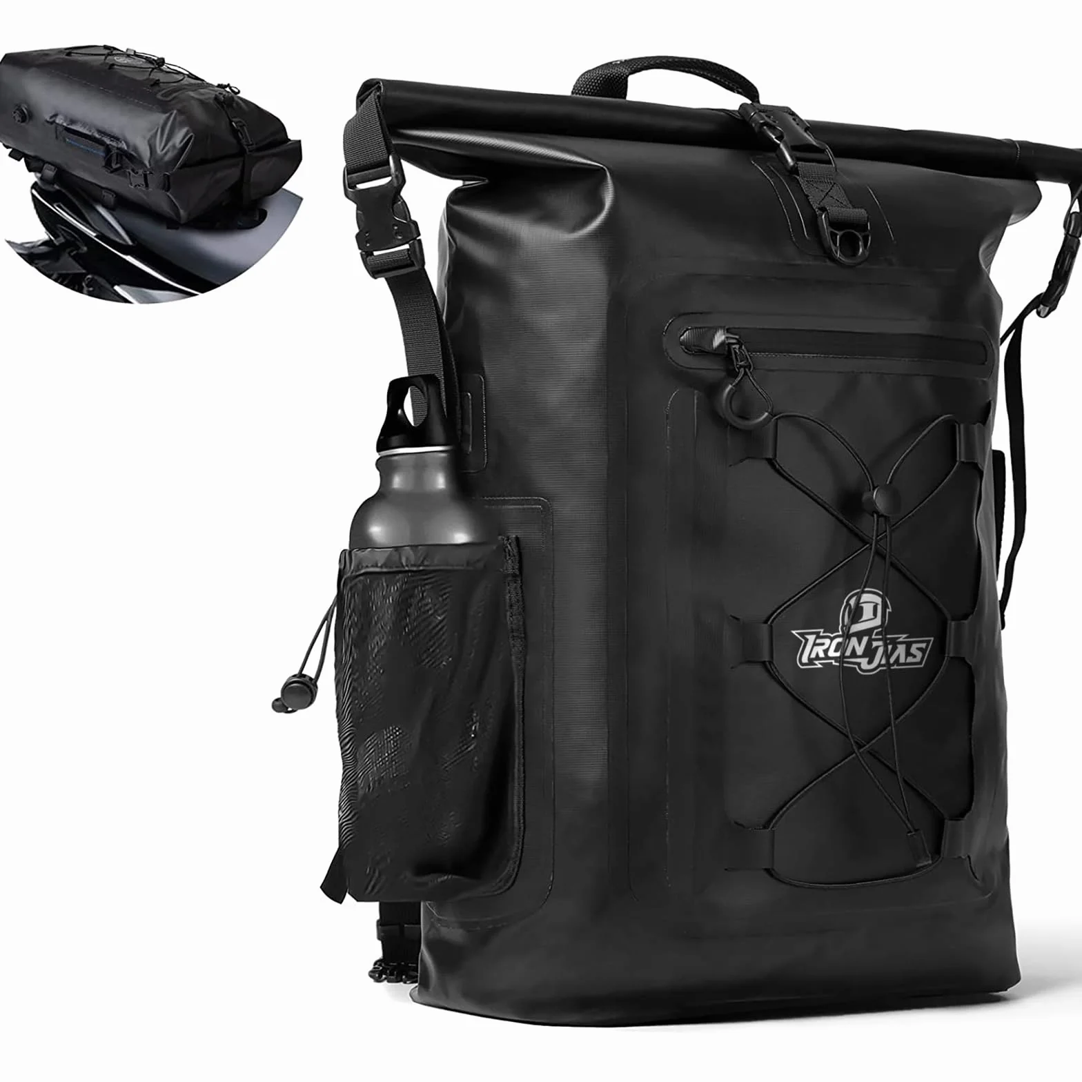 Grapelet Motorrad Rucksack，Wasserdicht Motorrad Rucksack 40L，Motorradrucksäcke für Herren，Rolltop Rucksack mit abnehmbaren Schultergurten PVC500D schwarz Dry Bag mit Seitentasche