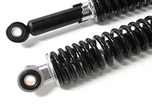 320mm Verstellbares Stoßdämpfer Set in Schwarz, 5-fach einstellbares Federbein passend für Zündapp, Puch, Hercules, Simson und mehr – Universal Stoßdämpfer inkl. 8mm Reduzierhülsen